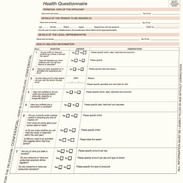 Questionnaire for Spanish health insurance